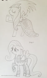 Size: 1159x1920 | Tagged: safe, artist:rlynn-art, imported from derpibooru, fluttershy, pegasus, pony, clothes, dress, duo, eyes closed, female, lineart, mare, raised hoof, traditional art, wings