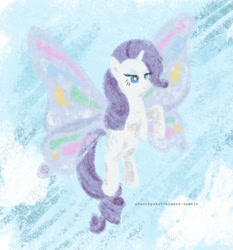 Size: 664x712 | Tagged: safe, artist:rlynn-art, imported from derpibooru, rarity, pony, unicorn, butterfly wings, female, flying, mare, solo, traditional art, wings