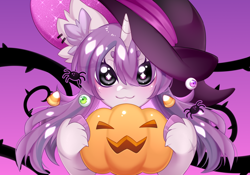 Size: 3136x2196 | Tagged: safe, artist:miioko, imported from derpibooru, oc, oc only, pony, unicorn, bust, commission, ear fluff, female, halloween, hat, holiday, horn, jack-o-lantern, mare, pumpkin, smiling, solo, unicorn oc, unshorn fetlocks, witch hat, ych result