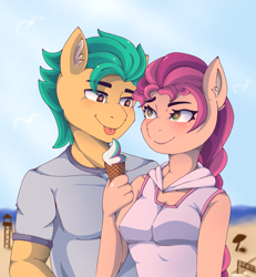 Size: 2343x2537 | Tagged: safe, artist:nanazdina, imported from derpibooru, hitch trailblazer, sunny starscout, anthro, :p, beach, blushing, duo, female, food, g5, ibispaint x, ice cream, male, shipping, straight, sunnyhitch, tongue out