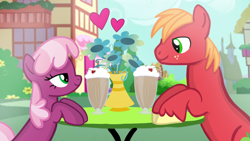 Size: 1280x720 | Tagged: safe, artist:mlplary6, imported from derpibooru, big macintosh, cheerilee, earth pony, pony, cheerimac, date, divorce, duo, duo male and female, female, flower, heart, looking at each other, looking at someone, male, mare, milkshake, shipping, smiling, smiling at each other, stallion, straight, table