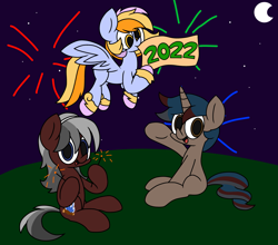 Size: 3029x2663 | Tagged: safe, artist:derpyalex2, imported from derpibooru, oc, oc only, oc:snowblaze, earth pony, pegasus, pony, unicorn, 2022, banner, celebration, female, firecracker, fireworks, flying, grass, grass field, happy new year, holiday, male, mare, moon, night, simple background, sky, stallion, stars