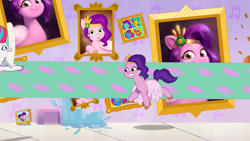 Size: 1920x1080 | Tagged: safe, imported from derpibooru, screencap, pipp petals, zipp storm, pegasus, pony, spoiler:g5, spoiler:my little pony: tell your tale, spoiler:tyts01e01, a home to share, duo, female, flying, g5, mare, mouth hold, my little pony: tell your tale, picture, picture frame, wallpaper