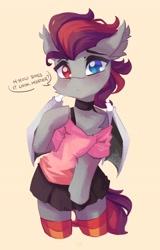 Size: 2624x4096 | Tagged: safe, artist:saxopi, imported from derpibooru, oc, oc only, bat pony, semi-anthro, bat pony oc, bat wings, black skirt, blue eye, blushing, cheek fluff, chest fluff, choker, clothes, collar, colored pupils, crossdressing, cute, ear fluff, eyebrows, eyelashes, gray coat, heterochromia, high res, leggings, looking at you, male, oc name needed, ocbetes, partially open wings, red eye, red mane, red tail, shirt, shoulderless, simple background, skirt, solo, speech bubble, standing, tail, talking to viewer, wings