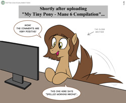 Size: 1258x1032 | Tagged: safe, artist:doublewbrothers, imported from derpibooru, oc, oc only, pony, computer, implied my tiny pony, simple background, solo, speech bubble, tail, tail wag, white background
