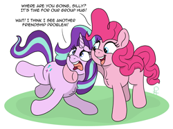 Size: 3340x2488 | Tagged: safe, artist:doodledonutart, imported from derpibooru, pinkie pie, starlight glimmer, earth pony, pony, unicorn, comic, duo, duo female, female, frown, hape, high res, hug, mare, open mouth, open smile, personal space invasion, side hug, smiling