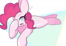 Size: 1684x1191 | Tagged: safe, artist:sc_kis_rko, imported from derpibooru, pinkie pie, earth pony, pony, female, looking at you, lying down, mare, open mouth, prone, simple background, solo, waking up, white background