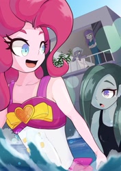 Size: 1191x1684 | Tagged: safe, artist:sc_kis_rko, imported from derpibooru, limestone pie, marble pie, maud pie, pinkie pie, equestria girls, bare shoulders, clothes, female, hair over one eye, heart, looking at each other, looking at someone, looking back, open mouth, open smile, pinkie pie swimsuit, sleeveless, smiling, summer