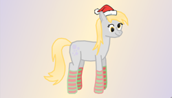 Size: 2922x1664 | Tagged: safe, artist:freestadiumtix, imported from derpibooru, derpy hooves, earth pony, pony, christmas, clothes, cute, g4, gradient background, hat, high res, holiday, santa hat, socks, solo, striped socks, wingless