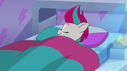 Size: 1920x1080 | Tagged: safe, imported from derpibooru, screencap, zipp storm, pegasus, pony, spoiler:g5, spoiler:my little pony: tell your tale, spoiler:tyts01e04, bed, blanket, eyes closed, female, g5, mare, my little pony: tell your tale, nightmare roommate, on bed, pillow, sleeping, smiling, solo
