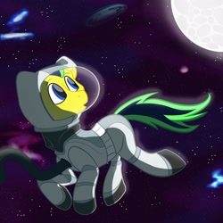 Size: 2048x2048 | Tagged: safe, artist:cadetredshirt, imported from derpibooru, oc, oc only, pony, commission, looking back, moon, solo, space, spacesuit, stars