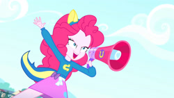Size: 3410x1920 | Tagged: safe, imported from derpibooru, screencap, pinkie pie, eqg summertime shorts, equestria girls, steps of pep, >:), clothes, cutie mark on clothes, female, high res, megaphone, open mouth, open smile, skirt, smiling, solo, wondercolts uniform
