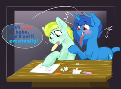 Size: 1200x887 | Tagged: safe, artist:cadetredshirt, imported from derpibooru, oc, crystal pony, pony, unicorn, desk, digital art, drawing, laughing, sitting, text, two toned mane, worried