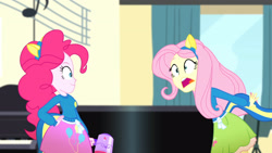 Size: 3410x1920 | Tagged: safe, imported from derpibooru, screencap, fluttershy, pinkie pie, eqg summertime shorts, equestria girls, steps of pep, clothes, cutie mark on clothes, duo, duo female, female, hand on hip, high res, megaphone, open mouth, smiling, wondercolts uniform