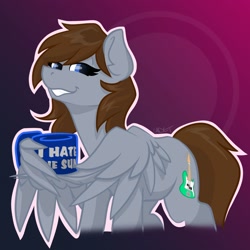 Size: 1500x1500 | Tagged: safe, artist:cadetredshirt, imported from derpibooru, oc, pegasus, pony, brown hair, coffee, coffee mug, commission, digital art, gradient background, gray coat, looking at you, mug, shading, simple background, smug, solo, wing hands, wings