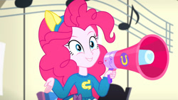 Size: 3410x1920 | Tagged: safe, imported from derpibooru, screencap, pinkie pie, eqg summertime shorts, equestria girls, steps of pep, cute, diapinkes, female, high res, megaphone, smiling, solo, wondercolts uniform