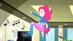 Size: 3410x1920 | Tagged: safe, imported from derpibooru, screencap, pinkie pie, eqg summertime shorts, equestria girls, steps of pep, boots, clothes, cutie mark on clothes, female, high res, megaphone, shoes, smiling, solo, wondercolts uniform