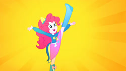 Size: 3410x1920 | Tagged: safe, imported from derpibooru, screencap, pinkie pie, eqg summertime shorts, equestria girls, steps of pep, boots, clothes, cutie mark on clothes, female, high res, open mouth, open smile, shoes, smiling, solo, wondercolts uniform