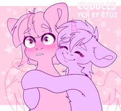 Size: 2400x2200 | Tagged: safe, artist:etoz, imported from derpibooru, oc, oc only, pony, advertisement, any gender, any race, any species, auction, auction open, big smile, blushing, closed mouth, commission, cuddling, cute, duo, eyebrows, eyebrows down, eyebrows visible through hair, eyes closed, generic pony, happy, heart, horn, hug, open mouth, raised eyebrow, smiling, surprised, wings, ych example, your character here