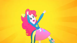 Size: 3410x1920 | Tagged: safe, imported from derpibooru, screencap, pinkie pie, eqg summertime shorts, equestria girls, steps of pep, boots, clothes, cutie mark on clothes, female, high res, open mouth, open smile, shoes, smiling, solo, wondercolts uniform