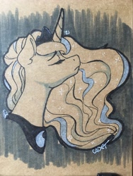 Size: 3024x4032 | Tagged: safe, artist:cadetredshirt, imported from derpibooru, princess luna, alicorn, bust, crown, ethereal mane, jewelry, marker drawing, monochrome, portrait, regalia, sad, solo, starry mane, traditional art