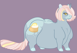 Size: 2589x1806 | Tagged: safe, artist:shadypixels, imported from derpibooru, oc, oc only, oc:lemon teacake, classical unicorn, unicorn, butt, chubby, cloven hooves, curved horn, fat, horn, leonine tail, male, obese, plot, solo, unicorn oc