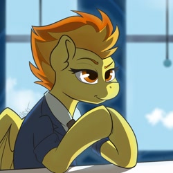 Size: 1984x1981 | Tagged: safe, artist:cadetredshirt, imported from derpibooru, spitfire, pegasus, pony, clothes, hooves, hooves up, necktie, office, redraw, shading, solo, spitfire's office, two toned mane, uniform, wonderbolts dress uniform