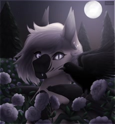 Size: 1174x1268 | Tagged: safe, artist:szkar, imported from derpibooru, oc, oc only, oc:devilvoice, bat pony, bird, crow, pony, bat pony oc, commission, female, flower, looking at you, moon, piercing, rose, solo