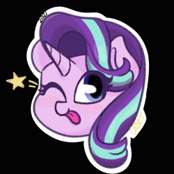 Size: 1000x1000 | Tagged: safe, artist:cadetredshirt, imported from derpibooru, starlight glimmer, pony, unicorn, ;p, black background, bust, chibi, commission, cute, eye clipping through hair, female, glimmerbetes, looking at you, mare, one eye closed, signature, simple background, smiling, smiling at you, solo, stars, tongue out, wink, winking at you