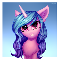 Size: 3000x3000 | Tagged: safe, artist:setharu, imported from derpibooru, izzy moonbow, pony, unicorn, abstract background, bust, chest fluff, cute, female, g5, mare, my little pony: a new generation, portrait, simple background