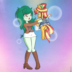 Size: 3000x3000 | Tagged: safe, alternate version, artist:theratedrshimmer, imported from derpibooru, sunset shimmer, wallflower blush, human, pony, unicorn, equestria girls, adorasexy, anime style, bag, cute, female, flowerbetes, freckles, holding a pony, looking at each other, looking at someone, mouth hold, open mouth, retro, sexy, shimmerbetes, sunset sushi, underhoof