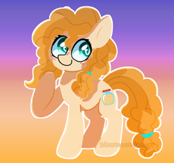 Size: 1740x1639 | Tagged: safe, artist:bluemoon, imported from derpibooru, pear butter, earth pony, pony, cute, female, full body, gradient background, hooves, lineless, mare, outline, raised hoof, smiling, solo, standing, tail, watermark, white outline