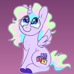 Size: 1640x1639 | Tagged: safe, artist:bluemoon, imported from derpibooru, oc, oc only, oc:pebbles, alicorn, pony, alicorn oc, chest freckles, colored hooves, cute, feathered wings, female, filly, foal, freckles, horn, multicolored mane, multicolored tail, sitting, solo, spread wings, tail, wings