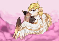 Size: 6335x4355 | Tagged: safe, artist:ijustmari, imported from derpibooru, oc, oc:ludwig von leeb, pegasus, pony, dancing in the clouds, absurd file size, blonde hair, cloud, cute, dancing, duo, duo male, flying, gay, glasses, green eyes, high res, hug, love, male, oc x oc, open mouth, purple background, shipping, simple background, spread wings, stallion, wings