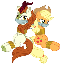 Size: 3215x3344 | Tagged: safe, artist:radiantrealm, edit, imported from derpibooru, applejack, autumn blaze, earth pony, kirin, pony, arm behind back, autumnsub, bondage, bound and gagged, cloth gag, damsel in distress, duo, duo female, female, gag, high res, mare, over the nose gag, rope, rope bondage, simple background, sitting, tied up, transparent background