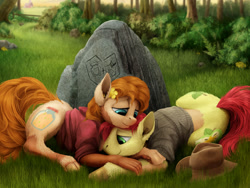 Size: 1024x768 | Tagged: safe, artist:geoffrey mcdermott, imported from derpibooru, bright mac, pear butter, earth pony, pony, forest, grass, hat, human to pony, rock, transformation