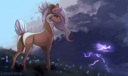 Size: 6000x3590 | Tagged: safe, artist:luna dave, imported from derpibooru, oc, oc only, pony, body markings, butt, cloud, flower, flower in hair, freckles, grass, horn, horns, lightning, looking in the distance, plot, ram horns, realistic horse legs, scenery, solo, storm, trade