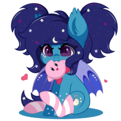 Size: 1397x1397 | Tagged: safe, artist:yomechka, imported from derpibooru, oc, oc only, oc:eclipsia, bat pony, pony, animated, bat pony oc, biting, clothes, cute, daaaaaaaaaaaw, ethereal mane, eye clipping through hair, eyebrows, eyebrows visible through hair, gif, heart, kirby, kirby (series), looking up, ocbetes, plushie, shadow, simple background, sitting, socks, solo, spread wings, striped socks, tail, tail wag, white background, wings