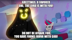 Size: 896x499 | Tagged: safe, edit, edited screencap, imported from derpibooru, screencap, zipp storm, pegasus, pony, spoiler:g5, spoiler:my little pony: tell your tale, spoiler:tyts01e04, annunciation, bed, bible, caption, christianity, female, g5, image macro, implied pregnancy, mare, my little pony: tell your tale, nightmare roommate, religion, text