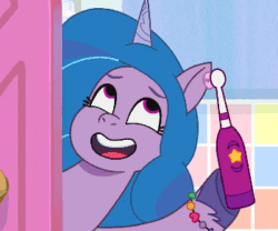 Size: 350x291 | Tagged: safe, imported from derpibooru, screencap, izzy moonbow, pony, unicorn, spoiler:g5, spoiler:my little pony: tell your tale, spoiler:tyts01e04, animated, cropped, ear cleaner, electric toothbrush, female, g5, gif, hoof hold, loop, magnetic hooves, mare, my little pony: tell your tale, nightmare roommate, not what it looks like, out of context, solo, toothbrush