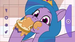 Size: 1920x1080 | Tagged: safe, imported from derpibooru, screencap, izzy moonbow, pony, unicorn, spoiler:g5, spoiler:my little pony: tell your tale, spoiler:tyts01e04, bread, camera shot, crown, eating, female, food, g5, herbivore, jewelry, mare, my little pony: tell your tale, nightmare roommate, peanut butter, puffy cheeks, regalia, selfie, solo