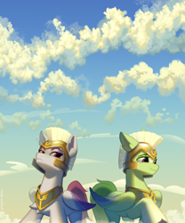 Size: 2500x3000 | Tagged: safe, artist:rrd-artist, imported from derpibooru, pegasus, pony, fanfic:diaries of a zephyrwing, cloud, commission, commissioner:navelcolt, cover art, duo, duo male and female, fanfic, fanfic art, female, frown, g5, guard, guardsmare, high res, male, mare, on a cloud, pegasus royal guard, royal guard, shy, smiling, stallion, standing on a cloud, thunder flap, zoom zephyrwing