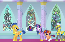 Size: 1298x830 | Tagged: safe, artist:swiftgaiathebrony, imported from derpibooru, cozy glow, flash sentry, grogar, lord tirek, princess flurry heart, queen chrysalis, twilight sparkle, alicorn, the last problem, canterlot, offspring, parent:sunburst, parent:twilight sparkle, parents:twiburst, royal guard, stained glass, twilight sparkle (alicorn)