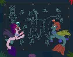 Size: 3062x2399 | Tagged: safe, artist:supahdonarudo, imported from derpibooru, queen novo, oc, oc:king waverider, leviathan, sea serpent, seapony (g4), my little pony: the movie, barnacles, bioluminescent, coral, pearl, queen novo's orb, seaquestria, story included