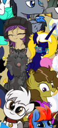 Size: 1080x2400 | Tagged: safe, artist:lincolnbrewsterfan, derpibooru exclusive, imported from derpibooru, oc, oc only, oc:moon pearl, oc:tenk pone, oc:time vortex (kaifloof), oc:zima the wolf, alicorn, pony, wolf, derpibooru community collaboration, .svg available, 2022 community collab, alicorn oc, bell, bell collar, coat markings, collar, cropped, cute face, cute smile, dog nose, duo focus, eyebrows, folded wings, front view, fur, glasses, grin, hoof around neck, horn, lidded eyes, looking at you, mane, multicolored eyes, multicolored iris, owned, paws, pet, petting, raised hoof, sitting, smiling, smiling at you, sparkles, tail, vector, wings