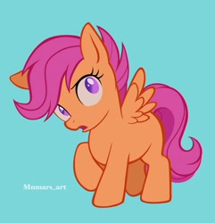 Size: 1972x2048 | Tagged: safe, artist:mn27, imported from derpibooru, scootaloo, pegasus, pony, blank flank, blue background, female, filly, foal, full body, high res, hooves, open mouth, raised hoof, signature, simple background, solo, spread wings, wings