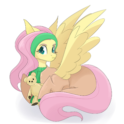 Size: 1600x1600 | Tagged: safe, artist:ie nebulizer, imported from derpibooru, fluttershy, pegasus, pony, clothes, crossover, female, mare, plushie, simple background, solo, teddy bear, white background