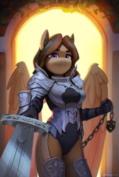 Size: 1379x2048 | Tagged: safe, artist:mrscroup, imported from derpibooru, oc, oc only, oc:electric dawn, anthro, pegasus, armor, female, looking at you, solo, sword, weapon