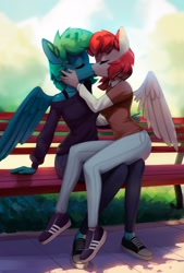Size: 1382x2048 | Tagged: safe, artist:mrscroup, imported from derpibooru, oc, oc only, oc:emerald, oc:firefly, anthro, pegasus, bench, bra, bra strap, clothes, converse, female, jeans, kissing, lesbian, pants, shoes, sitting on lap, sneakers, underwear