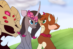 Size: 1701x1155 | Tagged: safe, artist:redahfuhrerking, imported from derpibooru, fhtng th§ ¿nsp§kbl, classical unicorn, cow, pony, unicorn, them's fightin' herds, arizona (tfh), community related, curved horn, floral head wreath, flower, horn, oleander (tfh)